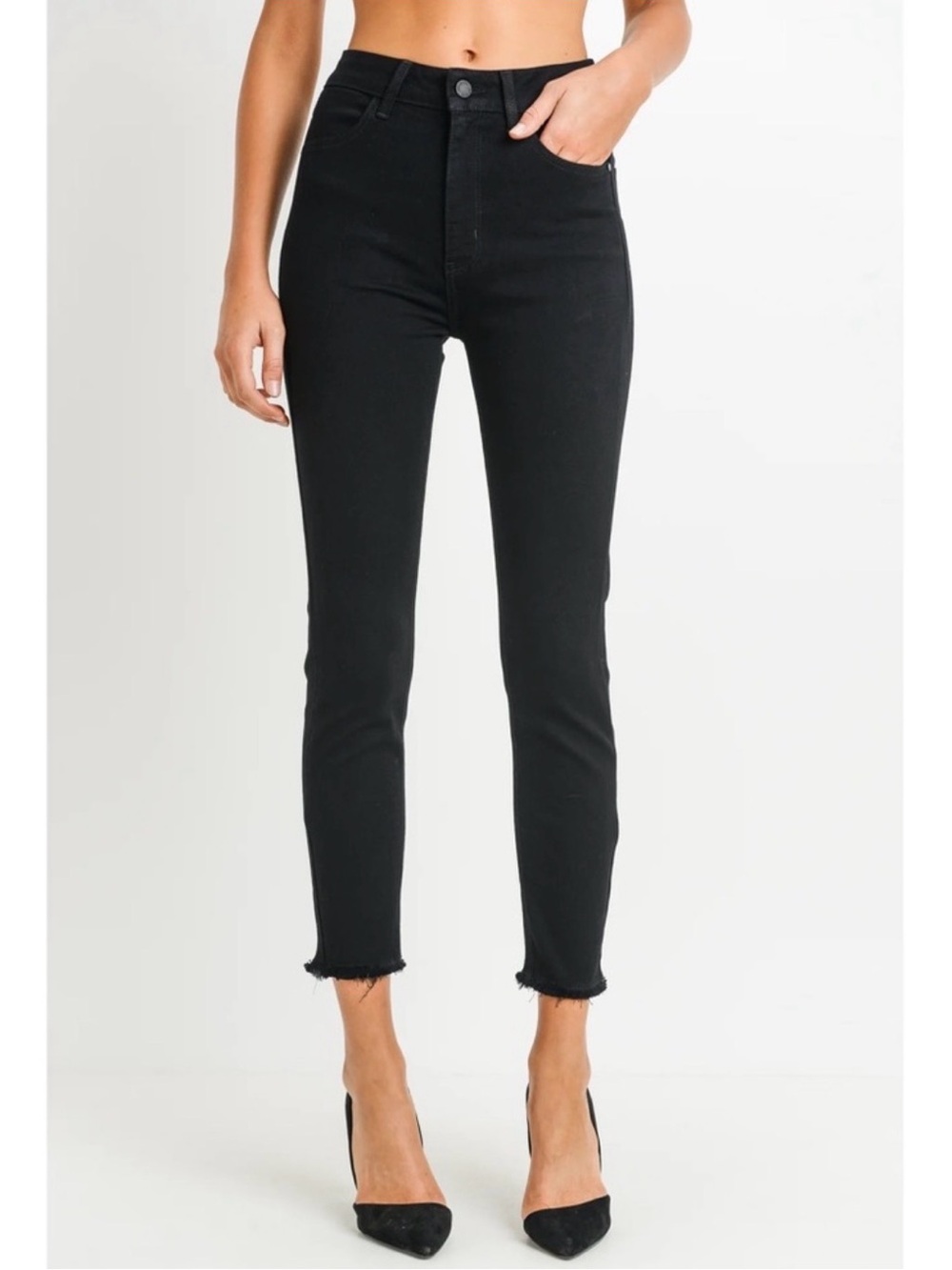 Black denim skinny jeans w/ frayed ankle